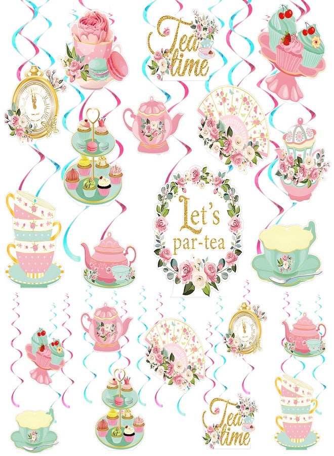 Spakon 72pcs Tea Party Decoration Spring Floral Tea Time Hanging Swirls Decoration Teacup, Cupcake, Teapot Ceiling Decoration for Mother's Day Wedding Princess Birthday Talking Party Favor - Image 1